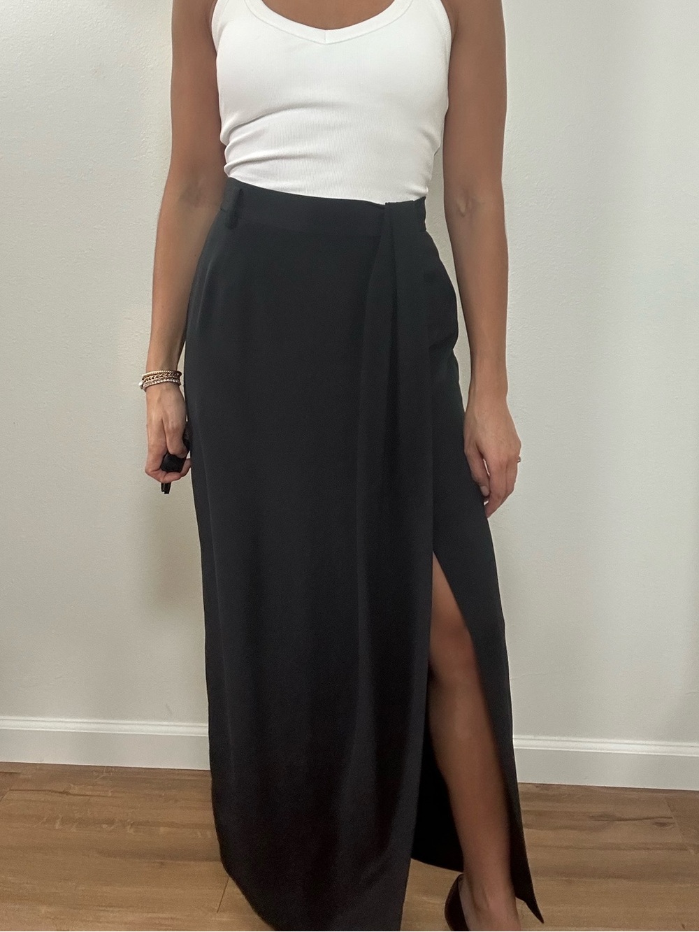 Vintage Ellen Tracy 100% Silk Black Maxi Skirt High Rise Pencil Fit Leg Slit S